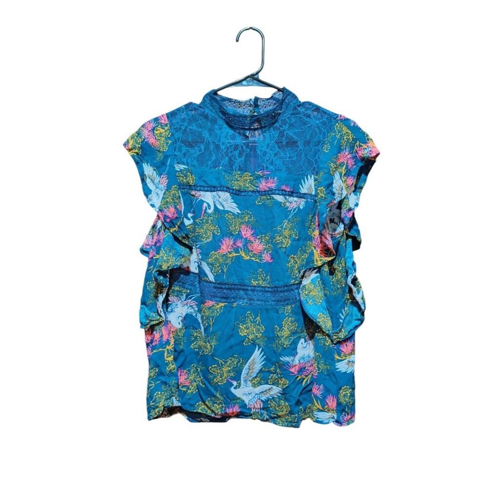 Express Chiffon Top Womens Large Blue Crane Bird Print Party Ruffle Cap Sleeve
